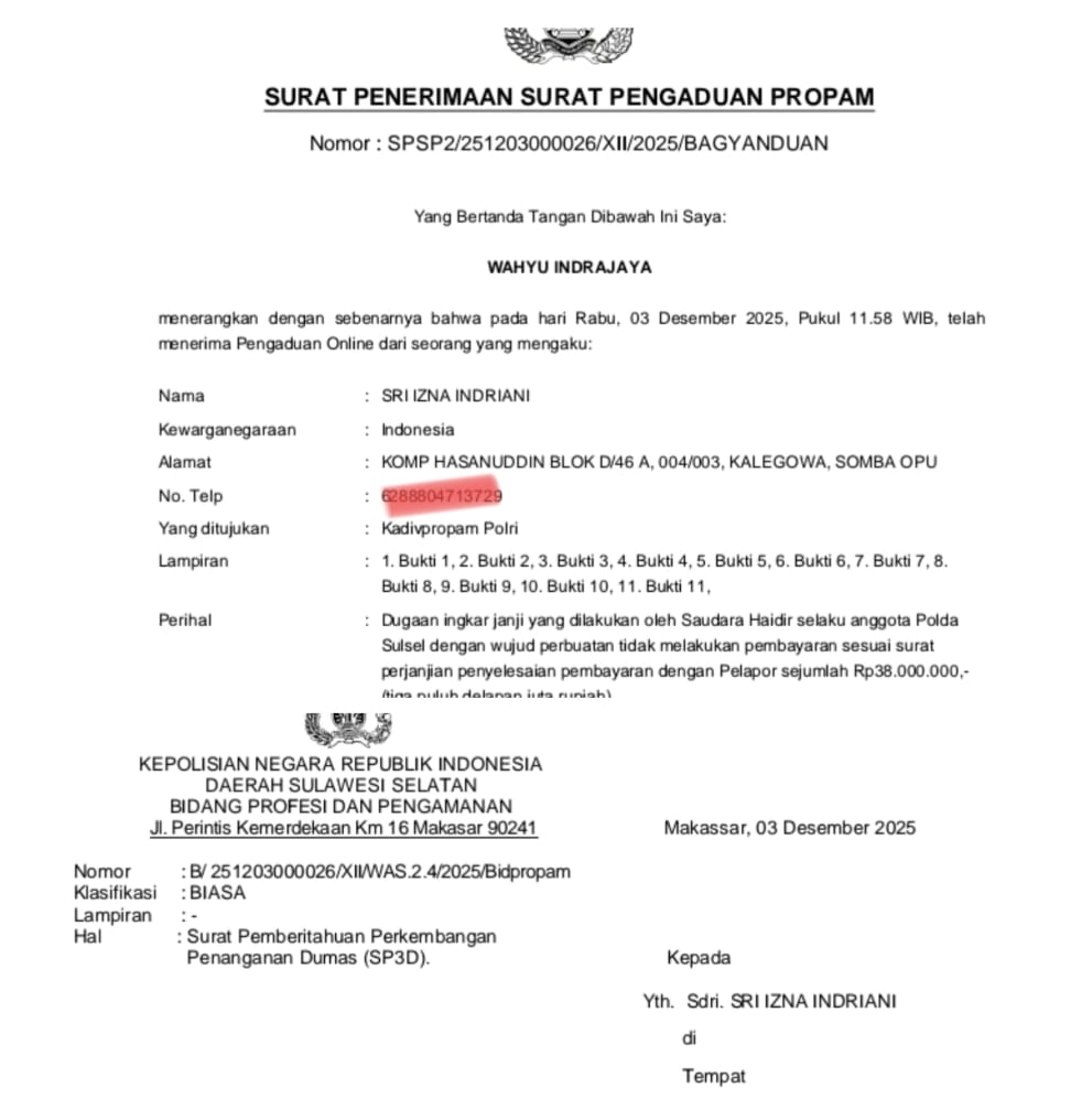 Pengaduan Sri Izna Indriani Direspons Propam Polda Sulsel, Kasus Berlanjut