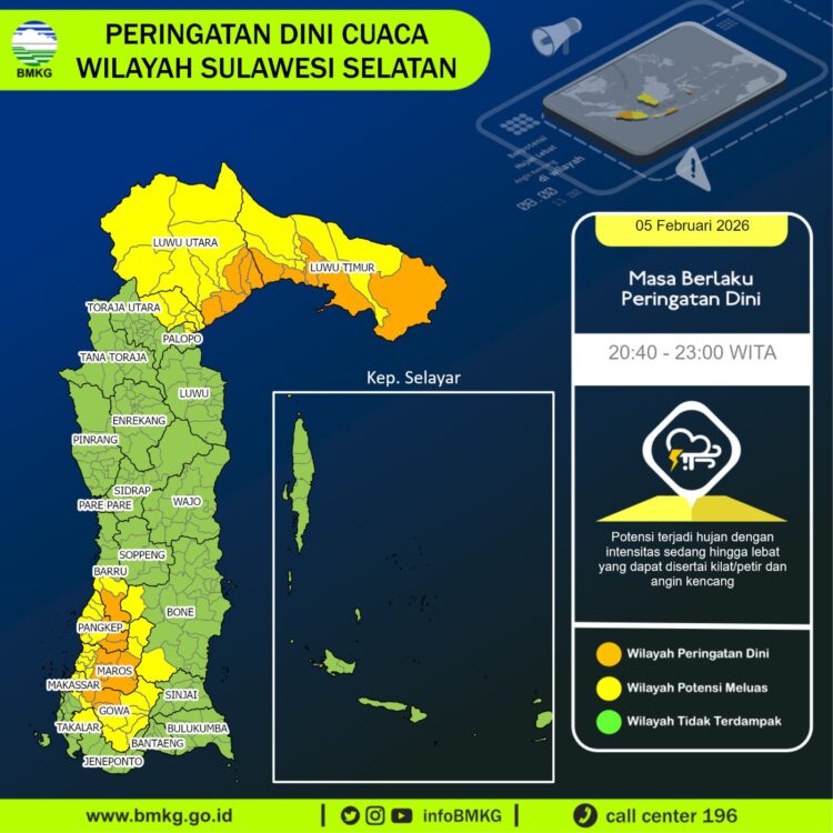 Waspada Cuaca Ekstrem, BMKG Rilis Prakiraan Cuaca Sulsel 6 Februari 2026: Gowa hingga Makassar Siaga Banjir