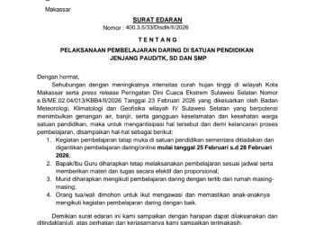 Cuaca Ekstrem, Disdik Makassar Terbitkan SE Sekolah PAUD hingga SMP Belajar Daring