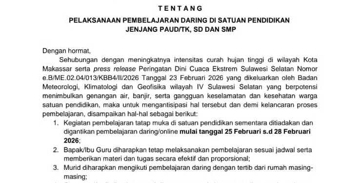 Cuaca Ekstrem, Disdik Makassar Terbitkan SE Sekolah PAUD hingga SMP Belajar Daring