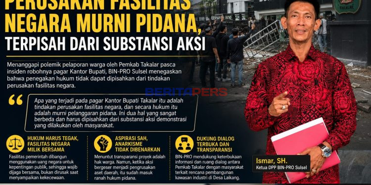 BIN-PRO Sulsel Tegaskan Pengrusakan Fasilitas Negara Murni Pidana, Terpisah dari Substansi Aksi