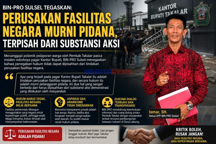 BIN-PRO Sulsel Tegaskan Pengrusakan Fasilitas Negara Murni Pidana, Terpisah dari Substansi Aksi