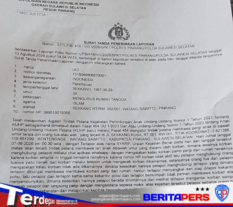 Diduga Korban Pelecehan, Orang Tua Laporkan Di Polres Pinrang Kasus Anak Dibawa Pergi